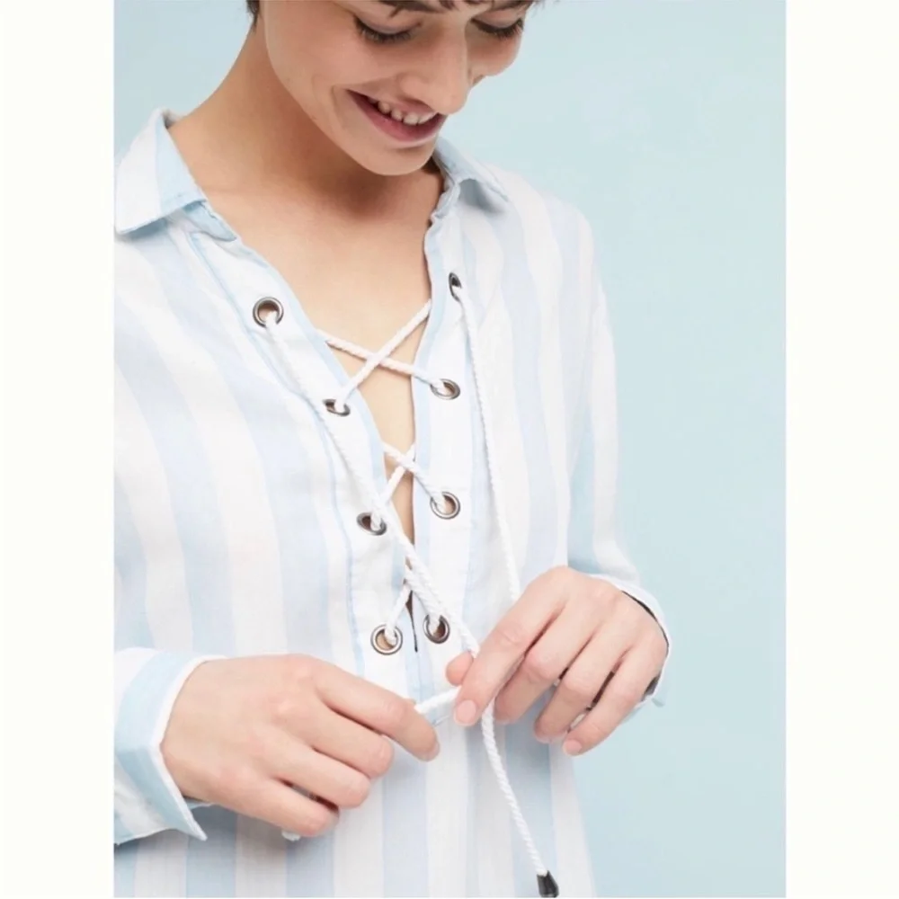 Rails Uni Light Blue and White Striped Lace-Up Blouse XS - Picture 8 of 9
